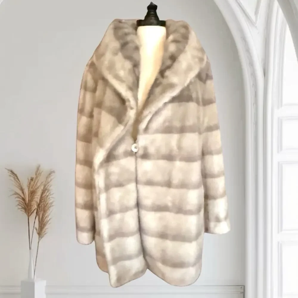 Jones New York Faux Fur mink Coat Jacket‎ Sz L Vegan Quiet Luxury Old Money EUC